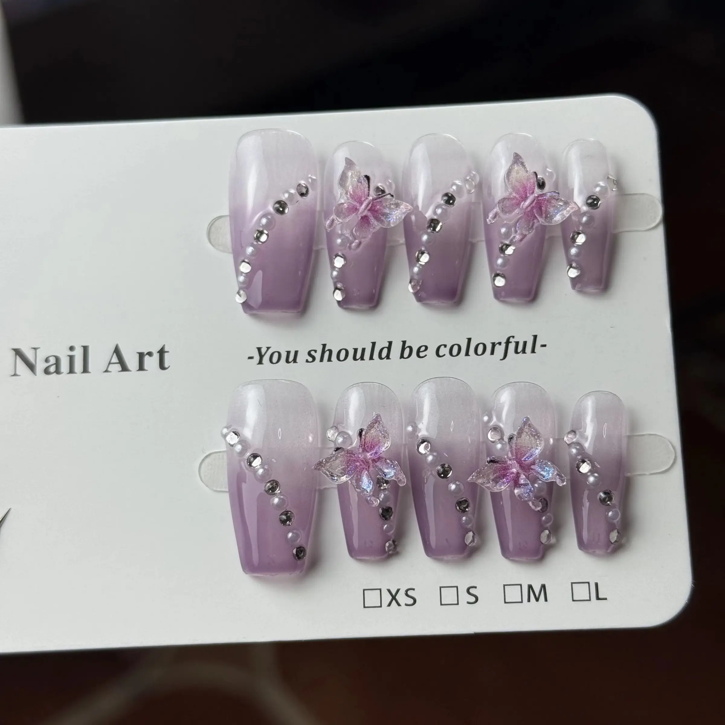 10pcs high-end Pure and elegant, purple three-dimensional butterfly, gradient cat's eyes, and sparkling small diamonds handmade Nail Art Design fake nails Glittering Decorative Nails Fake Nails