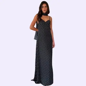 Polka Dot Adjustable Spaghetti Strap Backless Maxi Dress with Neck Sash Tie V Neck Mermaid Maxi Dress for Women's 2025 New Fall Sexy Sleeveless Evening Gown with Flowy Hem Party Dating Slim Dresses