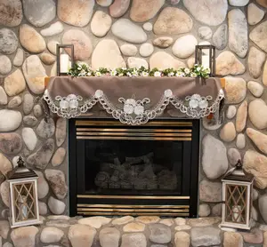 Linens Art And Things - Embroidered Silver Daisy with Green Leaves on Brown Mantel Scarf (19" x 90")