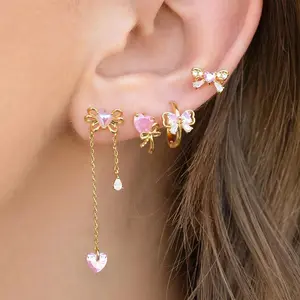 4pcs Sweet Pink Bowknot Stud Earrings Set for Women Girls Gold Color Cubic Zircon Jewelry