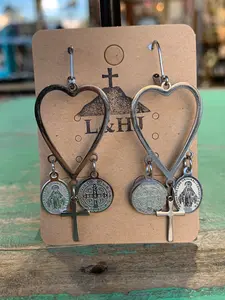 L&HI Stainless Steel Saintly Heart Earrings 2" Long with Large Open Heart Pendent & St Benedict Miraculous Medal Charms