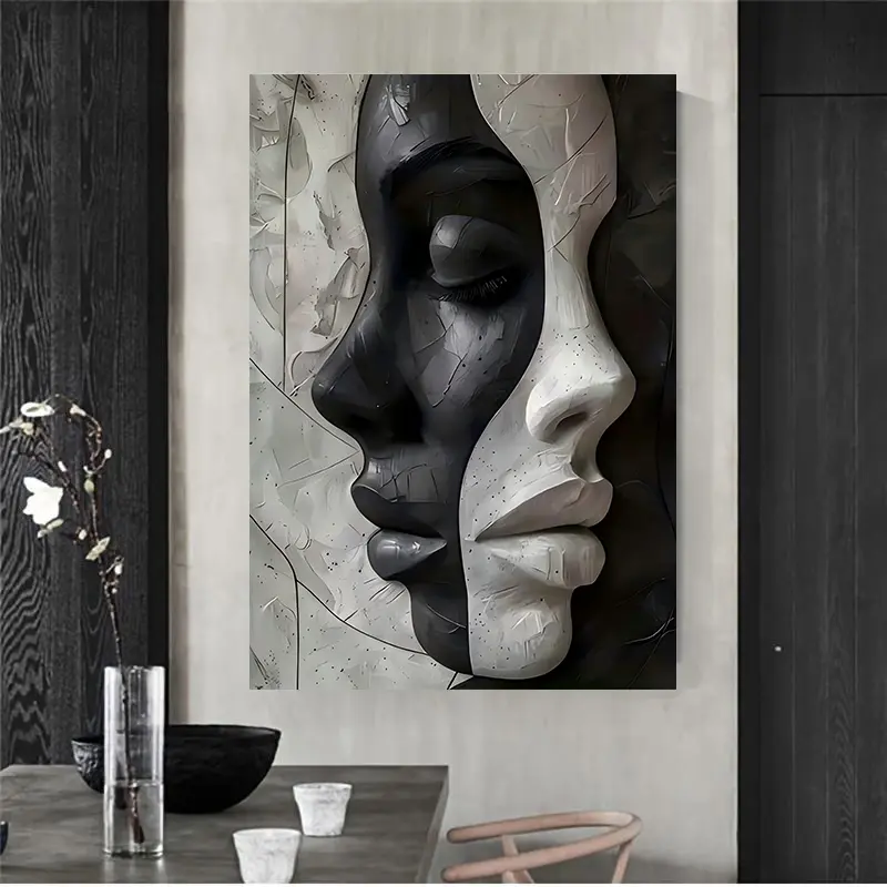 Abstract Face Design Art Print - Black and White Wall Art, 16x24 Inches Plain Minimalist Artistic Graphic Prints, Modern Facial Makeup Poster for Living Room, Bedroom, Unique Home Decor Gift