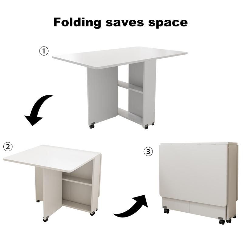 Folding Drop Leaf Dining Table with 6 Wheels and 2-Layer Storage Shelf, Space Saving Table for Small Spaces, 47.2 inch D x 23.6 inch W x 30.3 inch H, White