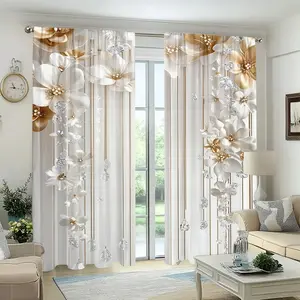 & Silver Color Floral Diamond Landscape Curtains Set, Soft Polyester Fabric, Living Room Decoration, Digital Print Hanging Design, Window Curtain