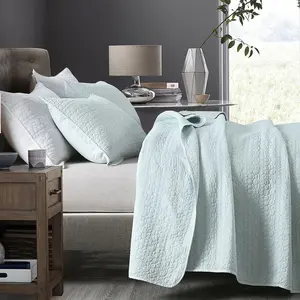 Quilt Set Queen Size Aqua Blue, Classic Geometric Spots Stitched Pattern, Pre-Washed Microfiber Chic Rustic Look, Ultra Soft Lightweight Quilted Bedspread for All Season, 3 Pieces