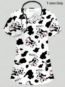 Cimmuovere Women's V Neck Short Sleeve Cow Print Cartoon Nurse Doctor Workwear Uniforms, Functional Lab Coat with Pockets, Casual Holiday Clothing