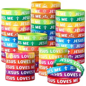 Easter Jesus Loves Me Bracelets Christian Gifts for Women Men Youth Group Religious Gift Rainbow Stretch Silicone Faith Bracelets Motivational Rubber Wristband for Easter Basket Stuffers Easter Egg Filllers Church Sunday School Prizes Easter Party Favors