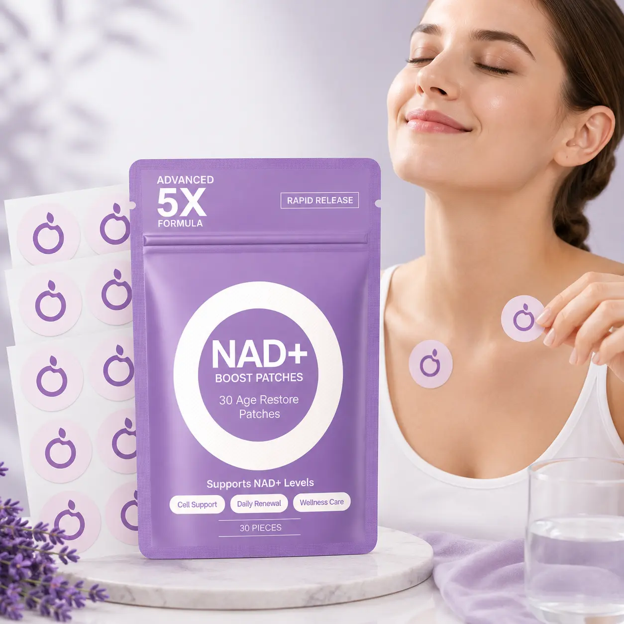 30 Count NAD+ Body Care Patches with Acetyl Hexapeptide-8, Lavender Oil & FAD, Lightweight Wearable Skin-Conditioning Patches for Soft, Smooth-Looking Skin, Daily Care for Women and Men