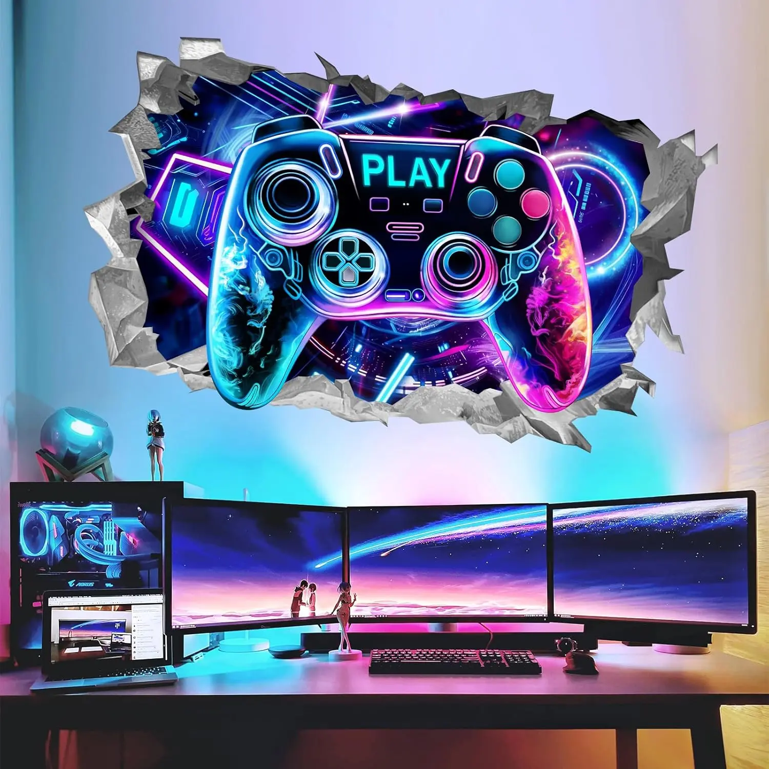 P-WPA031 PVC 3D Game Controller Decorative Wall Stickers, Peel-and-Stick Gamer Camouflage Wall Decals for Teen Boys' Bedroom, Decoration Gift Idea for 4th of July, Thanksgiving, Mother's Day Home Use