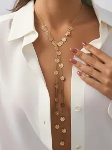 Vintage Simple Metal Disc Pendant Necklace, Adjustable Y-Shape Clavicle Chain, Casual Jewelry for Women, Daily Wear, Party, Vacation