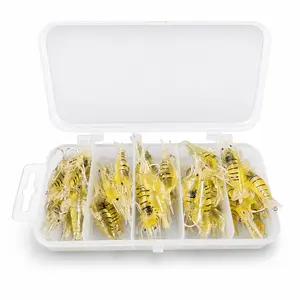 30PCS /60PCS Pre-Rigged Soft Plastic Shrimp Lures with Hooks, Realistic PVC Grass Shrimp Bait Kit for Bass, Trout, Crappie & Inshore Fishing