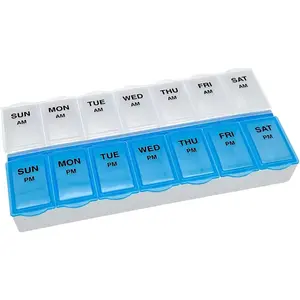 7-Day AM/PM Pill Organizer, Medication Planner with Large Compartments for Tablets, Blue and Clear Lids