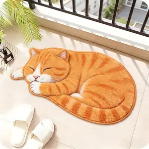 1pc Ins Cute Cartoon Lying Raccoon Cat Bedroom Decoration Carpet Healing Soft Cute Pet Style Living Room Gray Plush Rug Irregular Cloakroom Dressing Table Washable Foot Mat Fluffy and Soft Balcony Bathroom Non-slip Mat