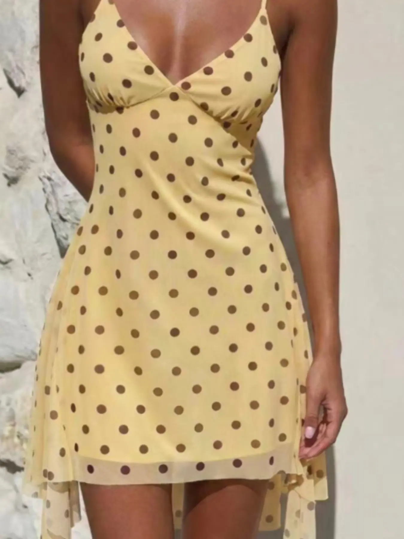Polka Dot Halter Dress, V Neck Asymmetrical Hem Chiffon Skirt, Casual Polka Dot, Women's Fashion, Chic, Flowy a Line, Summer Party/beachwear, Retro Y2K Style