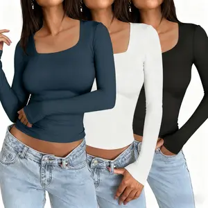 Aurasummit Style Women's 3 Pack Long Sleeve Crop Tops Slim Fit Y2K Fashion Basic Layering Shirts Haze Blue White Black Minimalist Casual Korean Style Everyday Womenswear Short Summer Outdoorfun Tshirt Autumn Fall outfits Sweetheart Black Friday Christmas