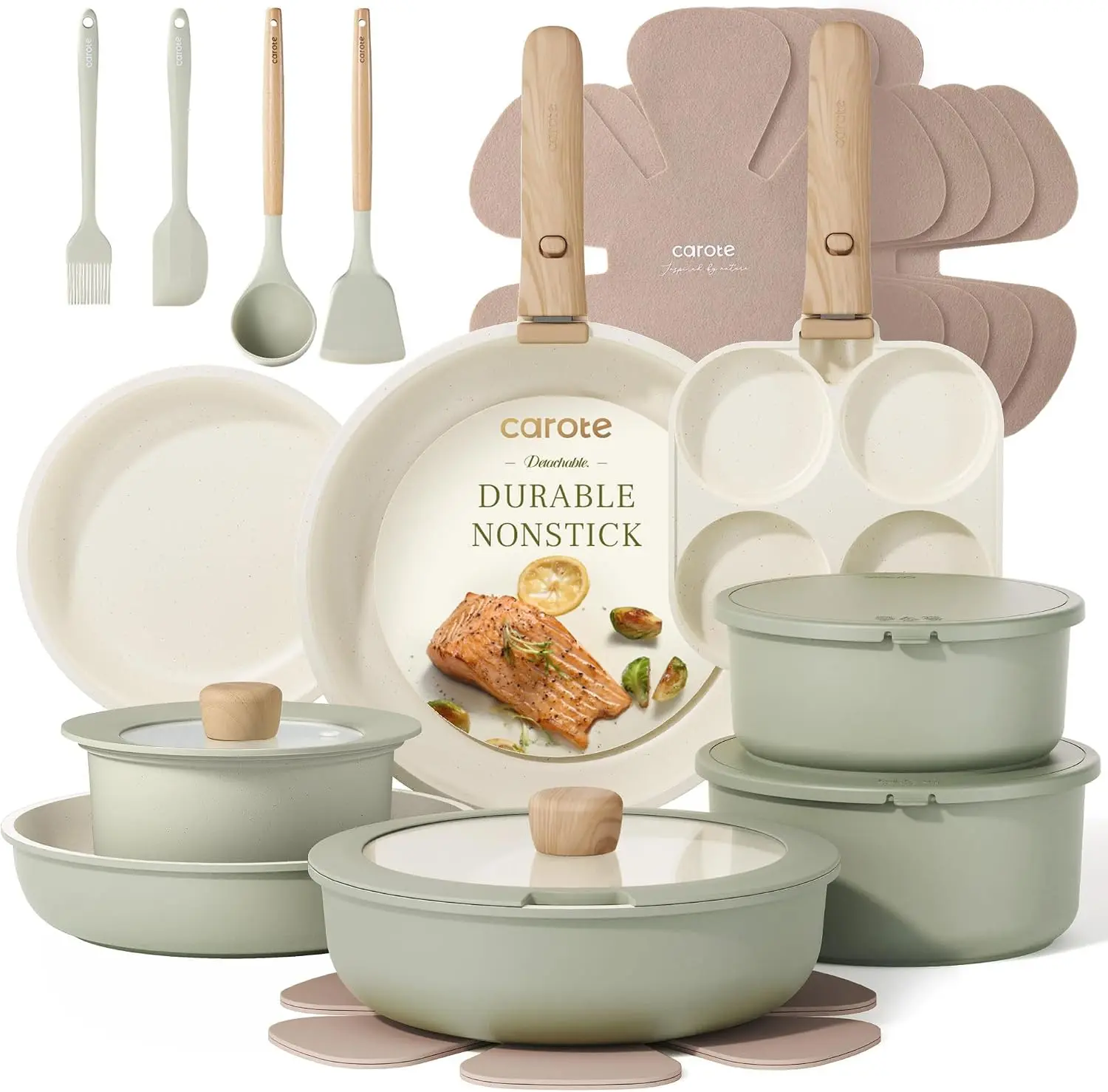 25-Piece Nonstick Pots and Pans Set with Detachable Handle - Induction Compatible, Dishwasher & Oven Safe, Space-Saving Camping Kitchen Cookware Set (Green)
