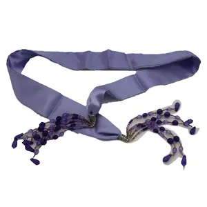 TFJ Women Lavender Silk Sash Tie Wrap Round Belt Hip High Waist Tassel Beads XS S