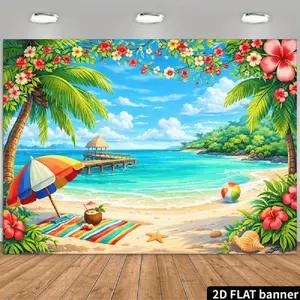 Summervibes A 2D Backdrop Featuring a Palm Tree Theme, Showcasing a Bright Blue Sky, Fluffy White Clouds, Clear Ocean Water, And Golden Sandy Beaches. The Foreground Includes Palm Trees, Tropical Flowers,