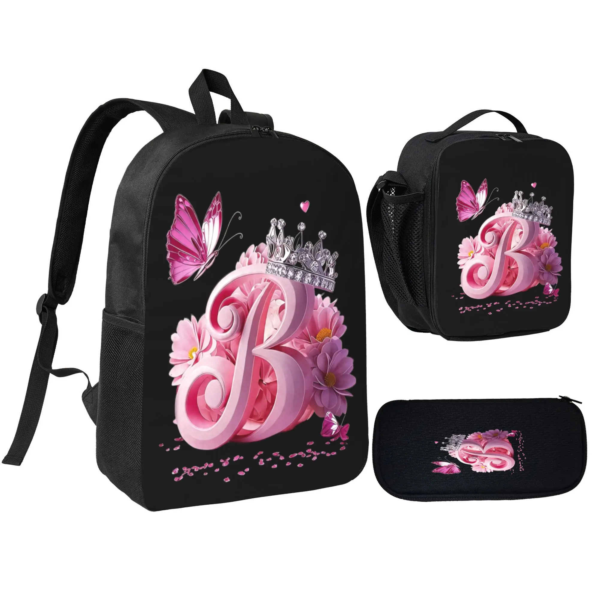 luxury pink silver crown butterfly floral initial letter B 3 in 1 backpack set, teen girls custom first name B school bag with insulated lunch box pencil case, glossy 3D princess flower butterfly letter B print school kit, personalized initial B