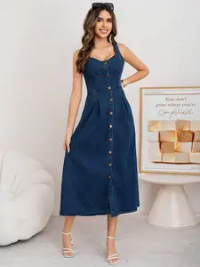 Women Micro Elastic Jeans Dress With Multiple Buttons, Summer Denim Long Skirt For Women