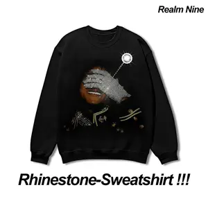 Realm Nine Unisex 100% Cotton Long Sleeve Sweatshirt Sparkly Rhinestone Graphic Top Oversized Streetwear Pullover Casual Outfit Plus Size Women's T-Shirt