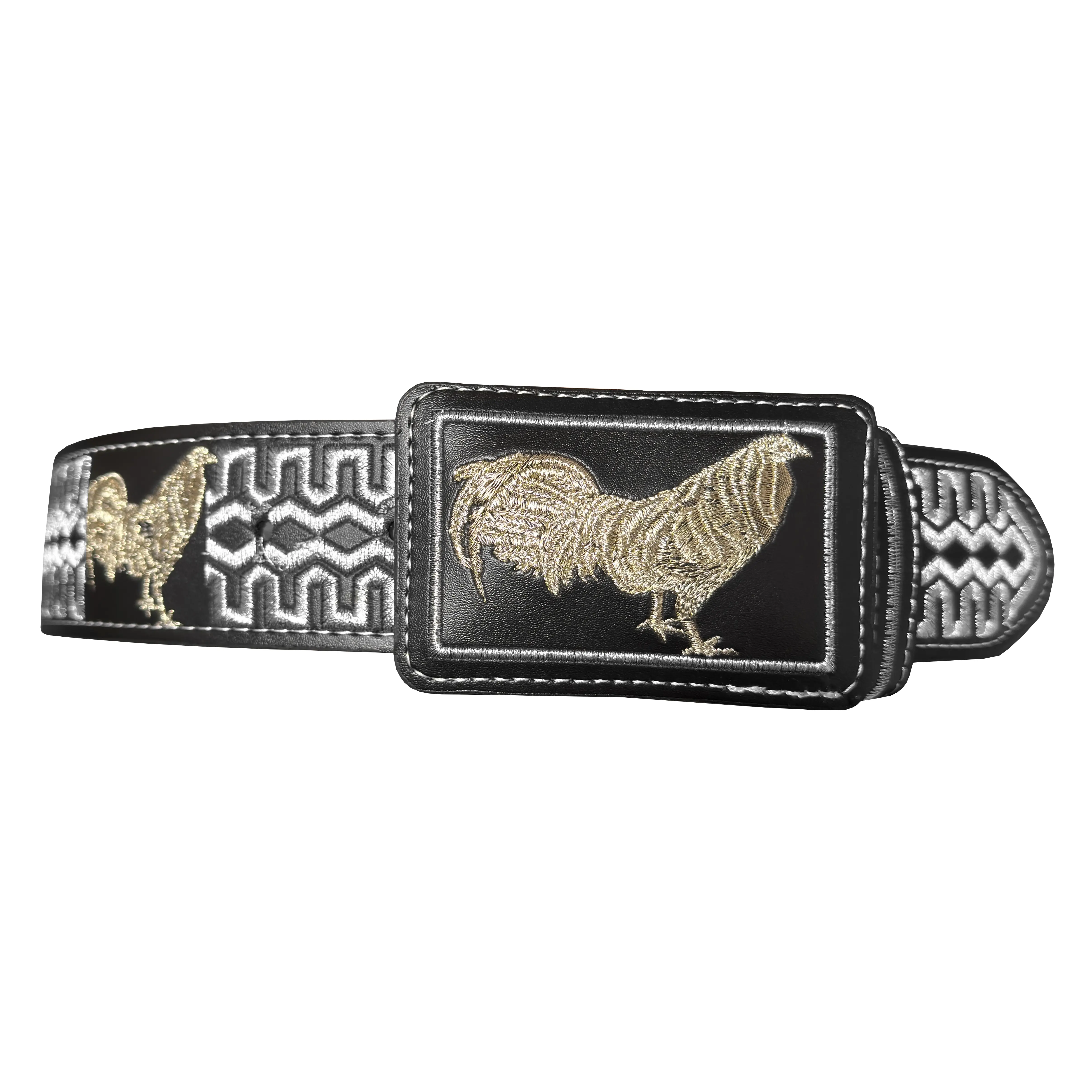 Men's Black Silver Western Embroidered Belt Genuine Leather Belt Rooster Gallo Design