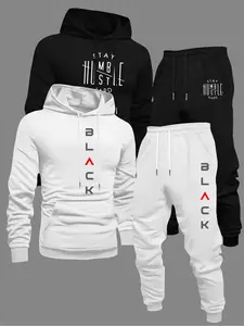 Men's Fall Winter Casual Letter Print Hoodie Set, Comfortable Streetwear, Loose-Fitting Long Sleeve Sweatshirt and Drawstring Pants