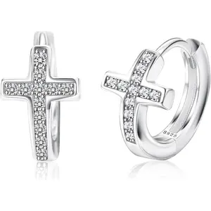 Milacolato Cross Hoop Earrings with Cubic Zirconia Dainty Small Cross Huggie Earrings for Women Men