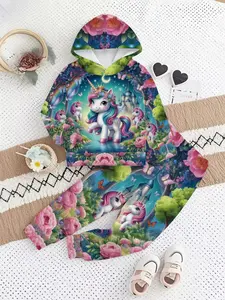 3D Digital Print Unicorn Castle Sweatshirt Set, Geometric Patterns, Cute Animal Hoodie, Comfortable Casual Wear, Spring & Fall Fashion, Gift for Kids