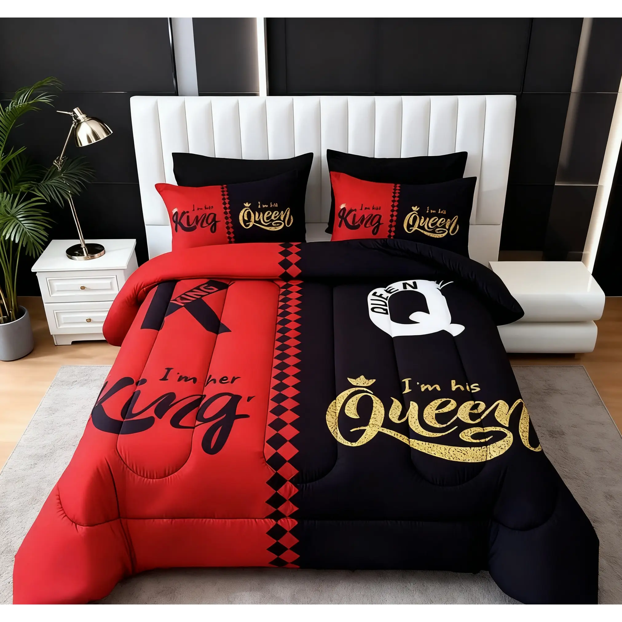 3-piece ultra-soft breathable black and gray color-blocked letter thick comforter set (1 comforter + 2 pillowcases, pillow inserts not included), black and gray crown letter pattern,Soft and breathable digital print bedroom dormitory home