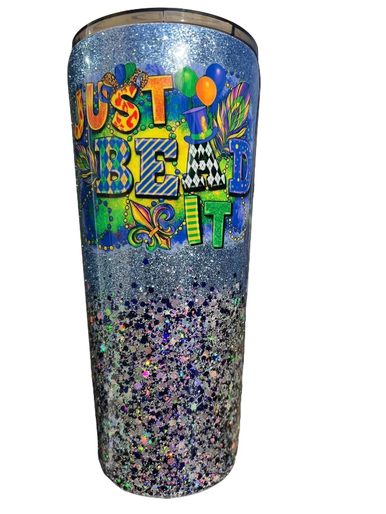 22 ounce Just Bead It Mardi Gras glitter epoxy tumbler