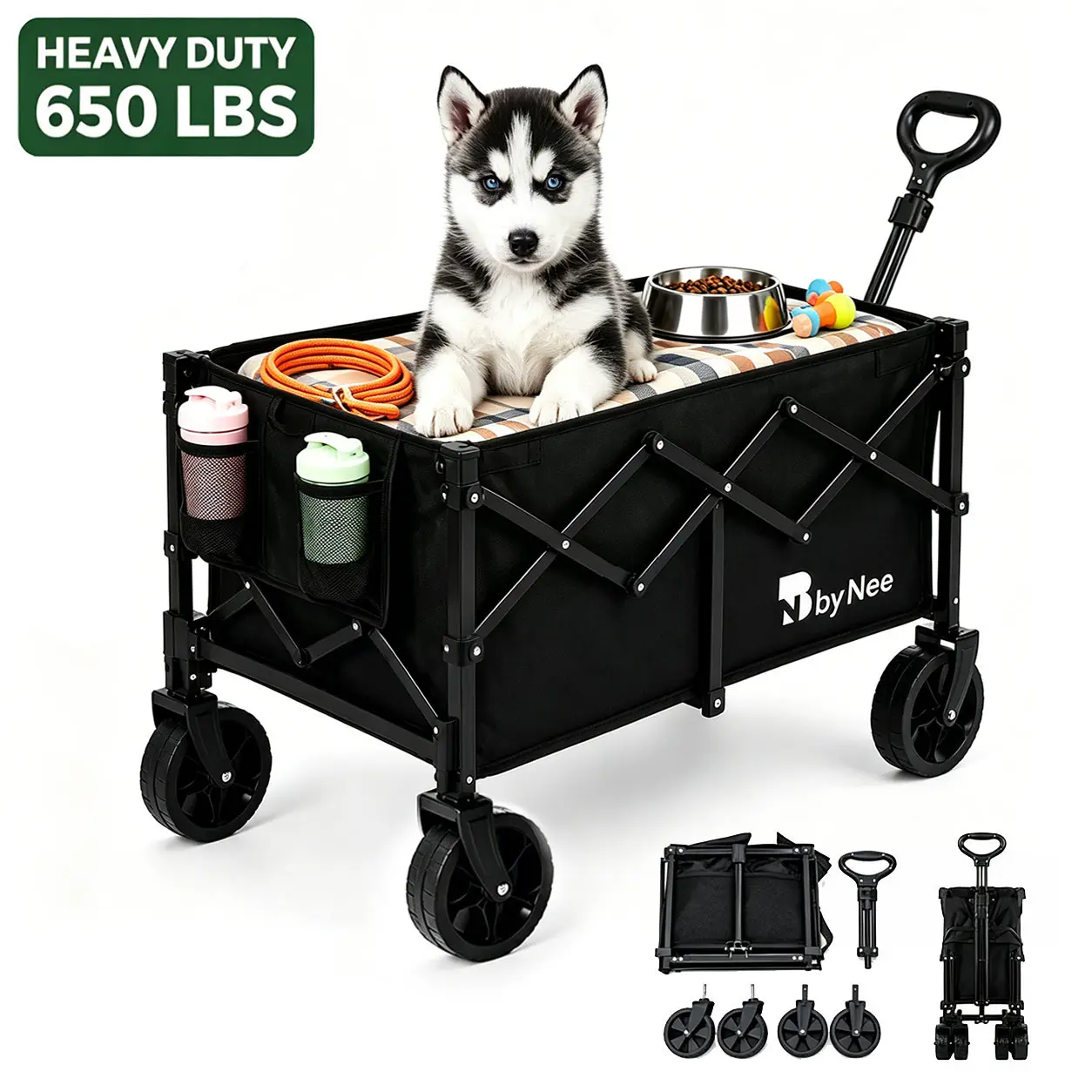 Heavy Duty Foldable Beach Wagon Cart 650LBS/450LBS Capacity, All Terrain Collapsible Utility Wagon with Carbon Steel Frame, Large Camping Wagon, Pet Wagon Cart, Garden Cart, Shopping Cart, Tool Holder, Reinforced Handle, Durable Wheels, Black