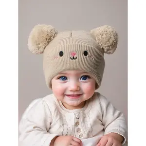 Newborn Knit Hat for Babies 1-3 Years Old, Embroidered Double Ball Design, Warm Winter Beanie for Outdoor Use, Casual Style
