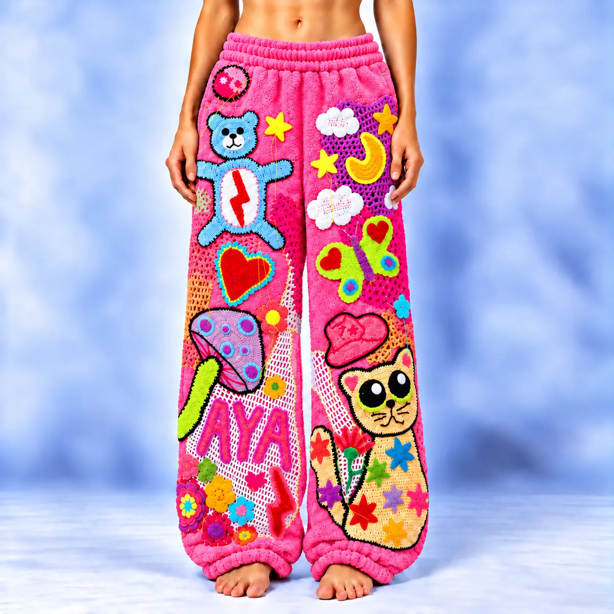 Pink Crochet Patchwork Fuzzy Pajama Pants for Women, Cute Colorful Cartoon Print Fleece Lounge Pants, Y2K Aesthetic Cozy Plush Sleepwear, Kawaii Pink PJ Bottoms, Gift for Her