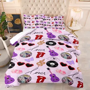 American Retro Romantic Comforter Set (Including 1 Blanket And 1-2 Pillowcases), Guitar And Record Patterned Bedding, Suitable For Decorating Bedrooms And Guest Rooms For Teenagers