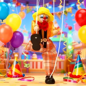 Wooden Clown String Puppet, Vintage Decoration, Festive Display, Ornaments, Perfect for Birthday Theater Puppets Party, Holiday Cabin Decor Artwork