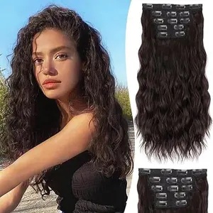 ALXNAN Clip-in Hair Extensions 16 Inch Dark Brown Thick Long Mermaid Wave Extensions Invisible Lace Weft Soft Wigs for Women