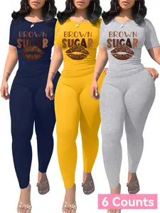 Women's Letter & Cartoon Print Crop Tee & Skinny Pants Set, Casual Fashion Cozy Round Neck Short Sleeve T-shirt & Trousers for Daily Outdoor Wear, Ladies Summer Clothes, Suits, Casual Loungewear Set