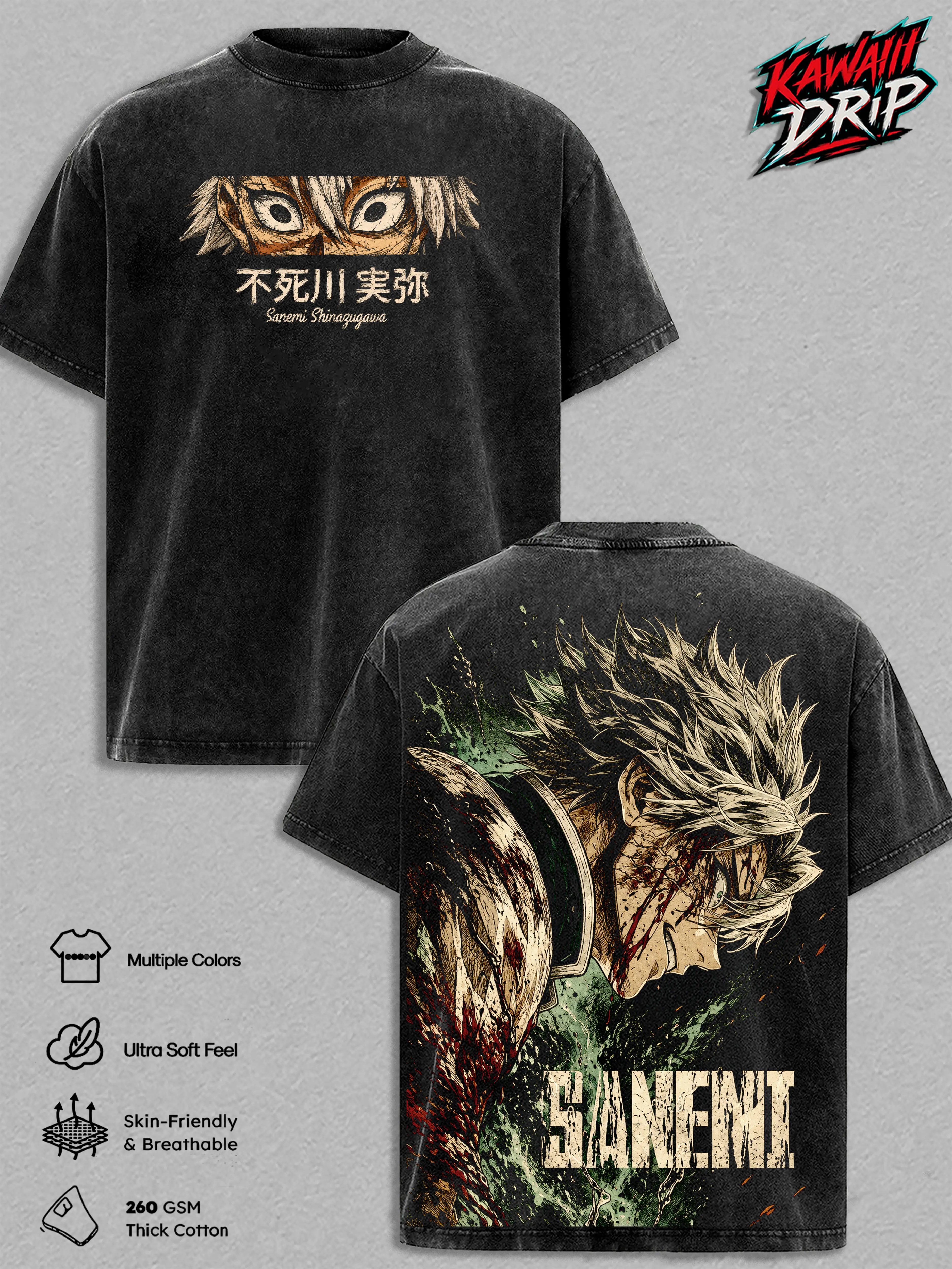 Sanemi Vintage Washed T-Shirt Anime Graphic Tee Wind Hashira Manga Oversized Streetwear Cotton Tshirt Classic Menswear Clothes Apparel Gift for Demon Slayer Fans Men & Women