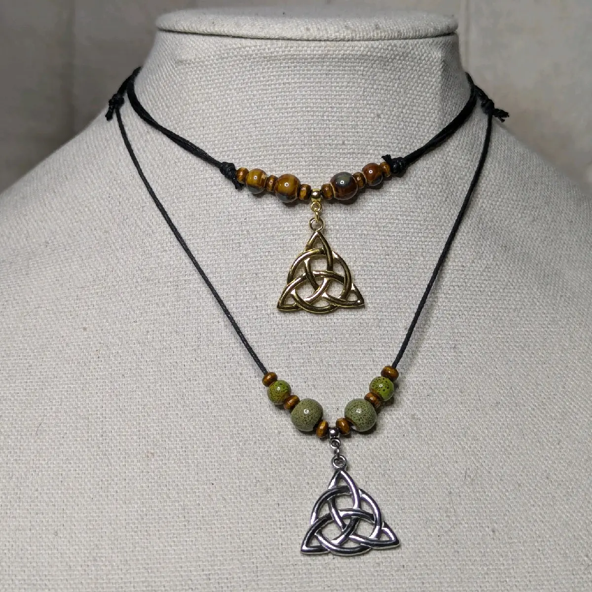 Triquetra Trinity Knot Celtic Stainless Steel Charm Ceramic Beaded Silver or Gold Boho Hippie Whimsical Adjustable Black Rope Cord Choker Stacking Necklace jewelry