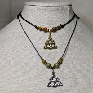 Triquetra Trinity Knot Celtic Stainless Steel Charm Ceramic Beaded Silver or Gold Boho Hippie Whimsical Adjustable Black Rope Cord Choker Stacking Necklace jewelry