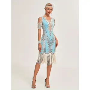 Vintage 1920s Flapper Dress with Sequins and Tassels - V-Neck, Short Sleeve, Knee-Length Party Gown for Women, Perfect for Roaring Twenties Themed Balls and Banquets