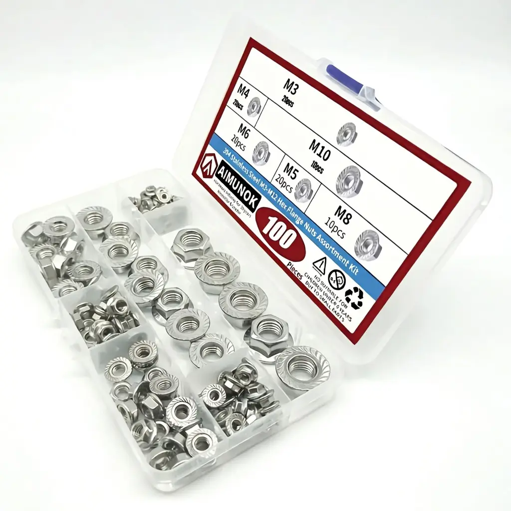 summerwins 100pcs 304 Stainless Steel Flange Nut Assortment Kit - Stainless Steel Bolts and Nuts Kit with Serrated Metric Hex Lock Fasteners (M3, M4, M5, M6, M8, M10) for Secure Fastening, Corrosion Resistance