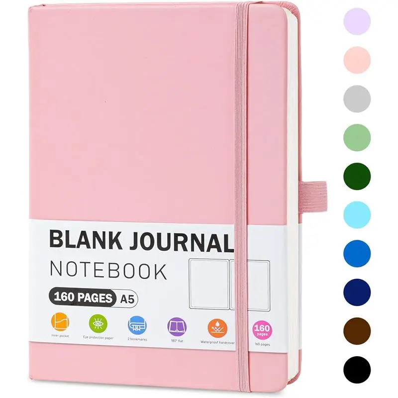 Women's Leather Cover A5 Waterproof Book-Shaped Notebook Journal - 5.7x8.3in, 160 Pages 100gsm Paper, Blank/Lined/Dotted, Elastic Closure, Journaling Supplies for Daily Journaling, Ideal for Bookish Things (Pink)