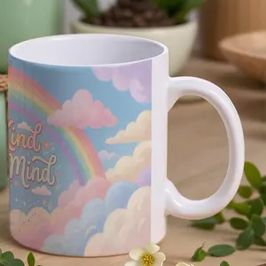 Be Kind to Your Mind Rainbow Ceramic Mug - Pastel Whimsical, Self - Care Coffee Cup, Mental Health Gift, Office Decor