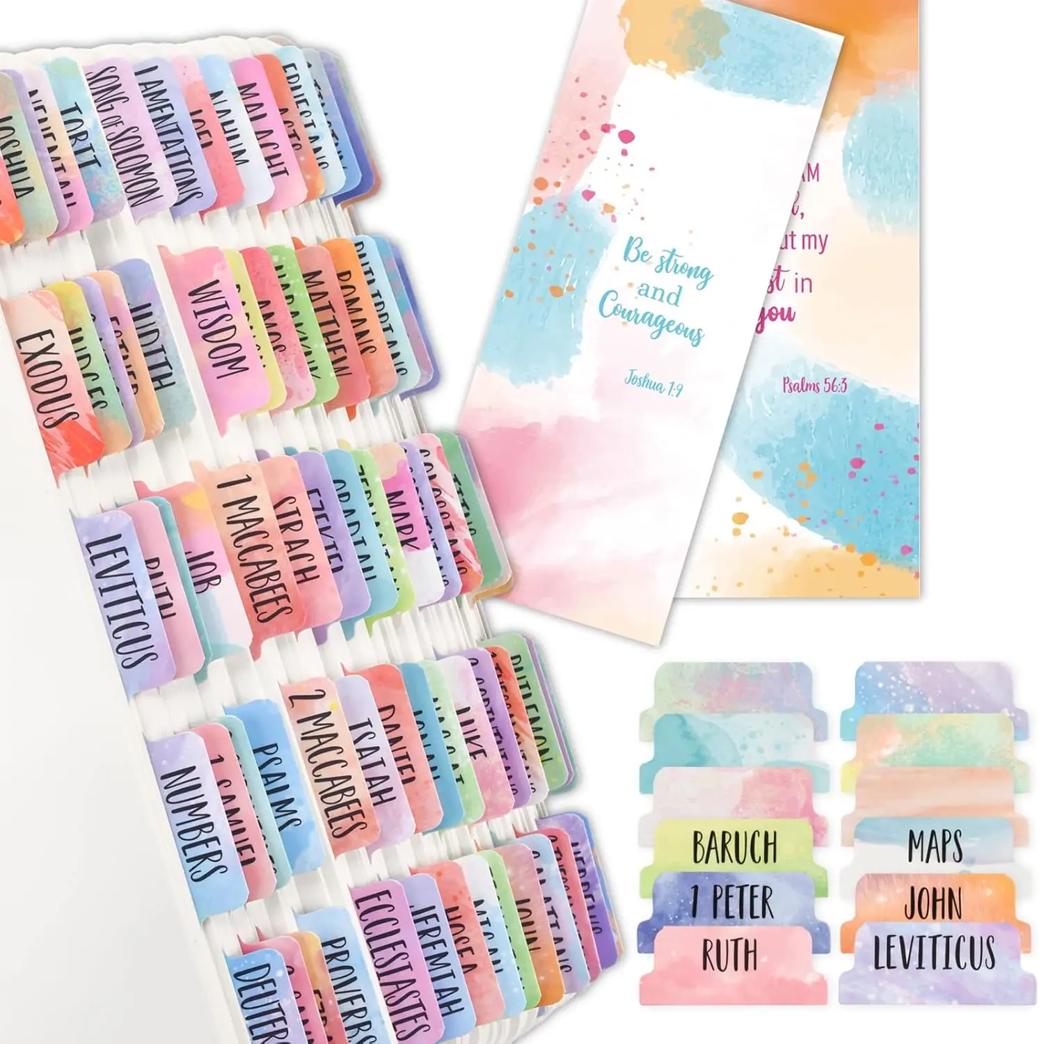 100PCS Laminated Catholic Bible Index Tabs - Watercolor Design, Old & New Testament, Easy-to-Apply Waterproof Bookmarks, Durable Office Stationery Navigation Dividers for Daily Use, Enhances Reading Experience, Protects from Spills