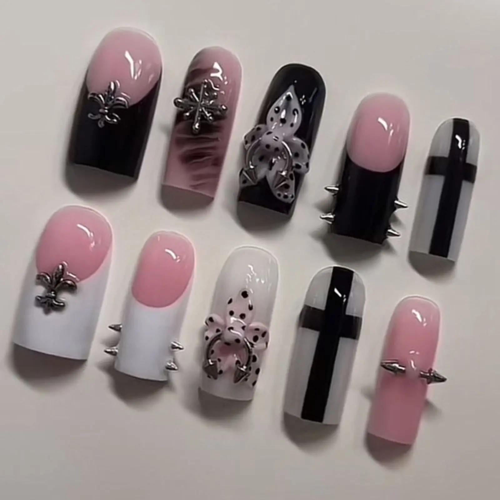 Pink Coquette Goth Press On Nails | Black Cross French Tips | Soft Punk Bow Charm Fake Nails | Y2K Alt Handmade Nail Set