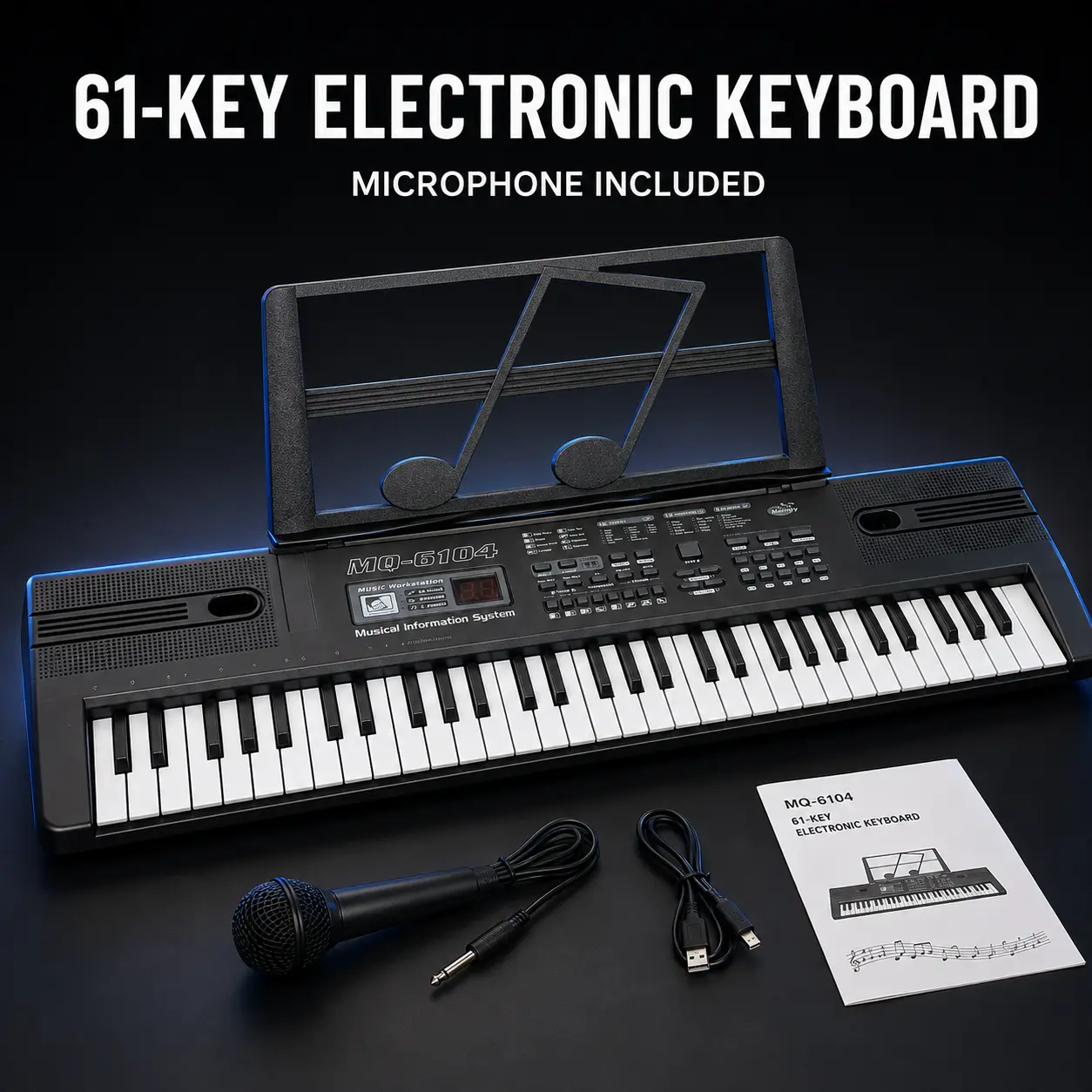 61-Key Portable Electronic Keyboard with Microphone, Full-Size Keys, Built-In Speaker & Display, USB Powered Beginner Keyboard for Adults, Home Practice & Travel