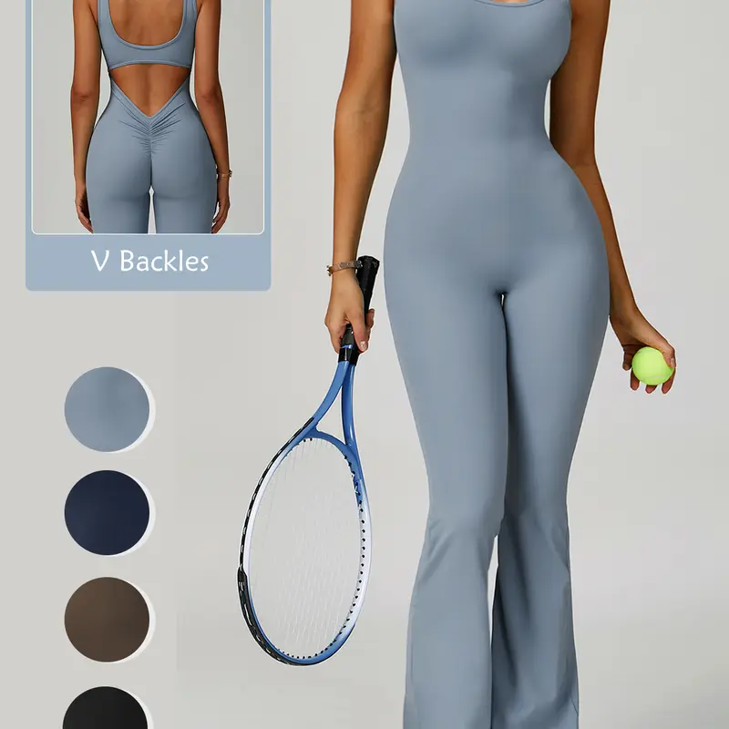 RIOJOY Women's Workout Jumpsuit Scrunch Leggings V Back Solid Backless Sleeveless Bodysuit Flare Leg Yoga Gym Ladies Romper Removable Built-In Padding Sportswear for All Seasons