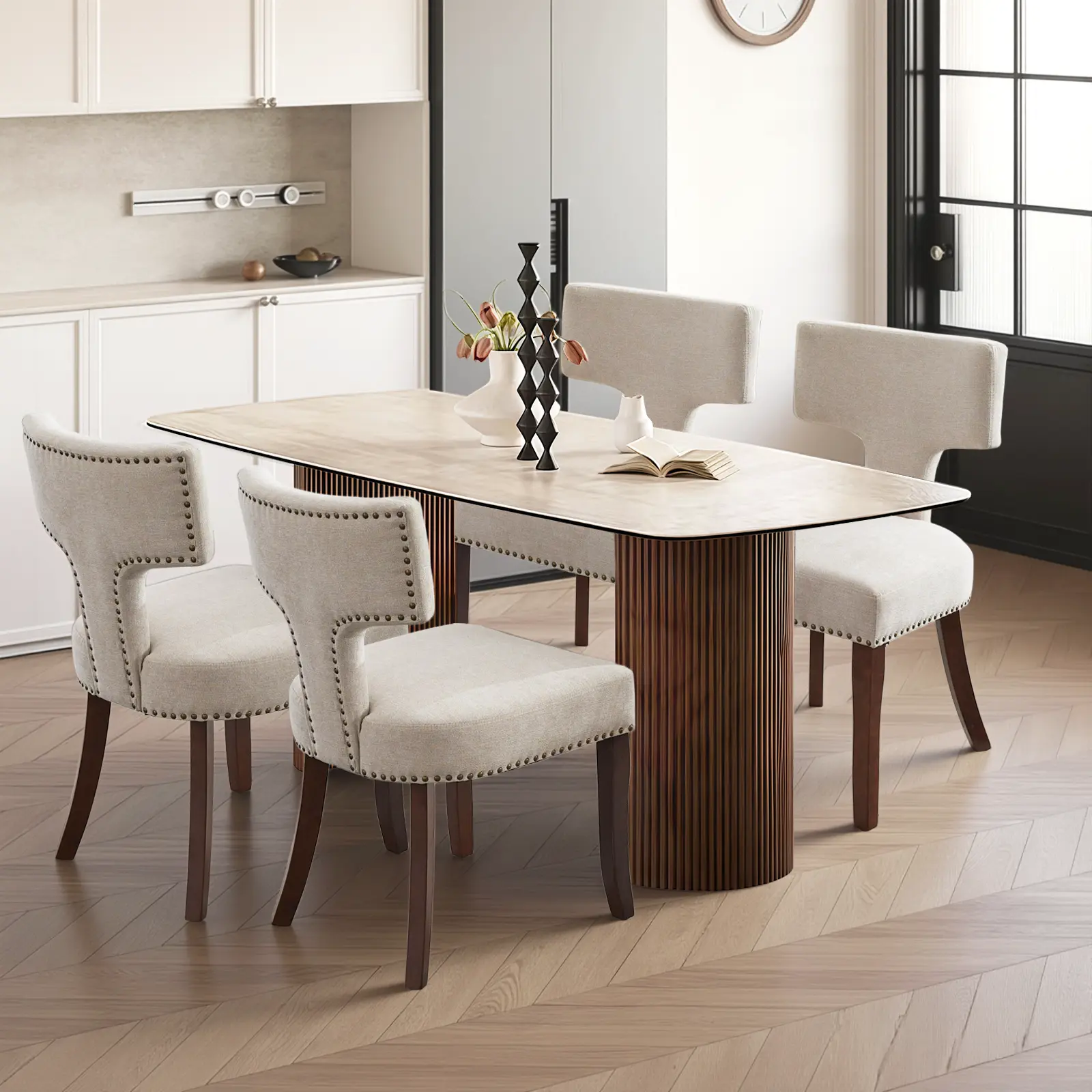 Mid Century Modern Farmhouse Dining Chairs Set , Linen Upholstered with Curved Backrest & Copper Nail Trim, Hardwood Frame, Beige